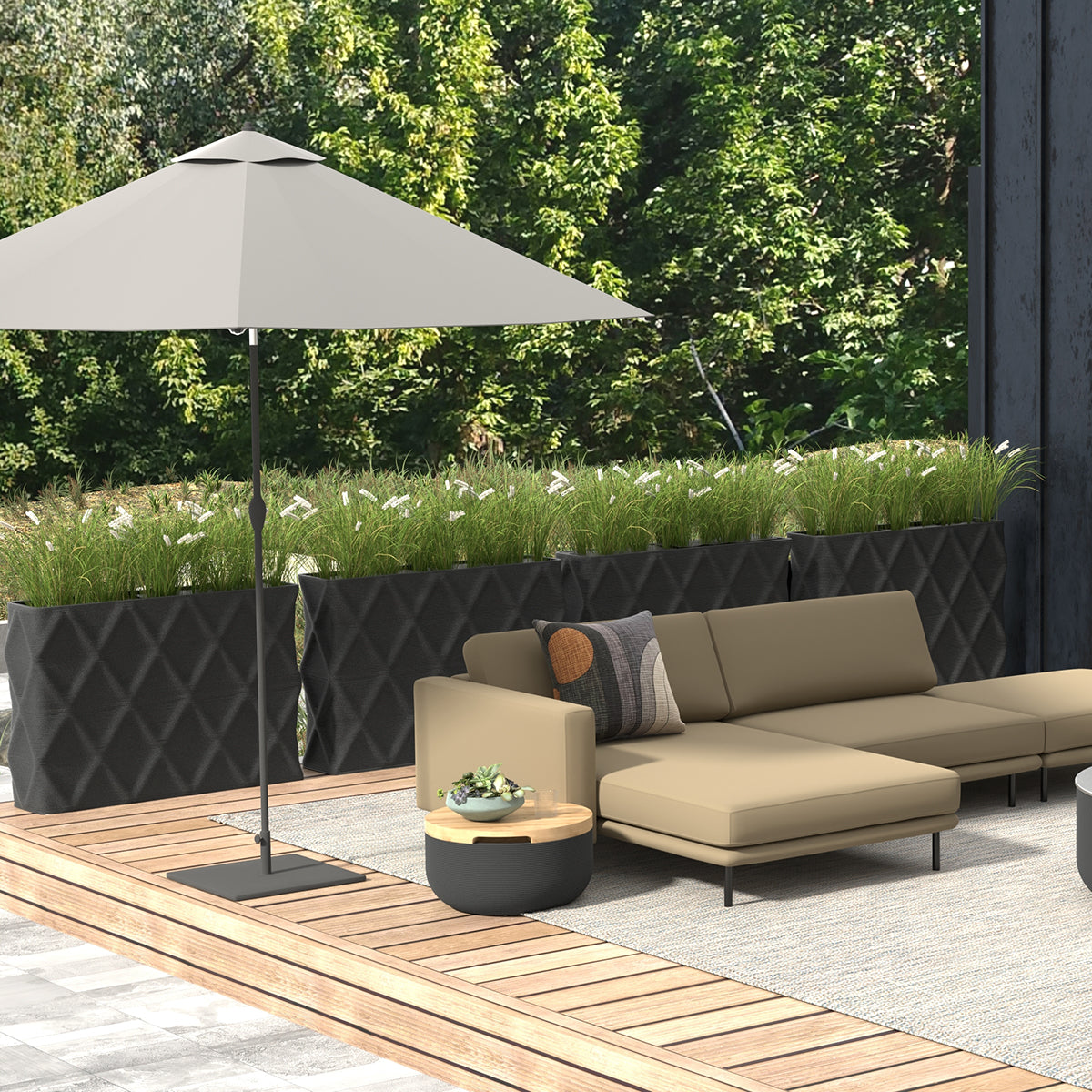 Avila Extra Large Rectangular Planter - Diamond 1 - Obsidian Night - sculptural rectangular planter with faceted diamond relief texture, 3D printed concrete, modern artistic design