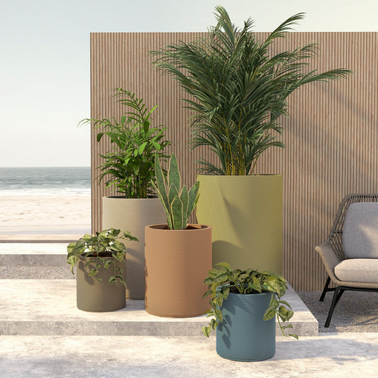 Solana Extra Large Round Planter - Stacks - Group - round planter with fine horizontal ribbed texture, 3D printed concrete, modern minimal design