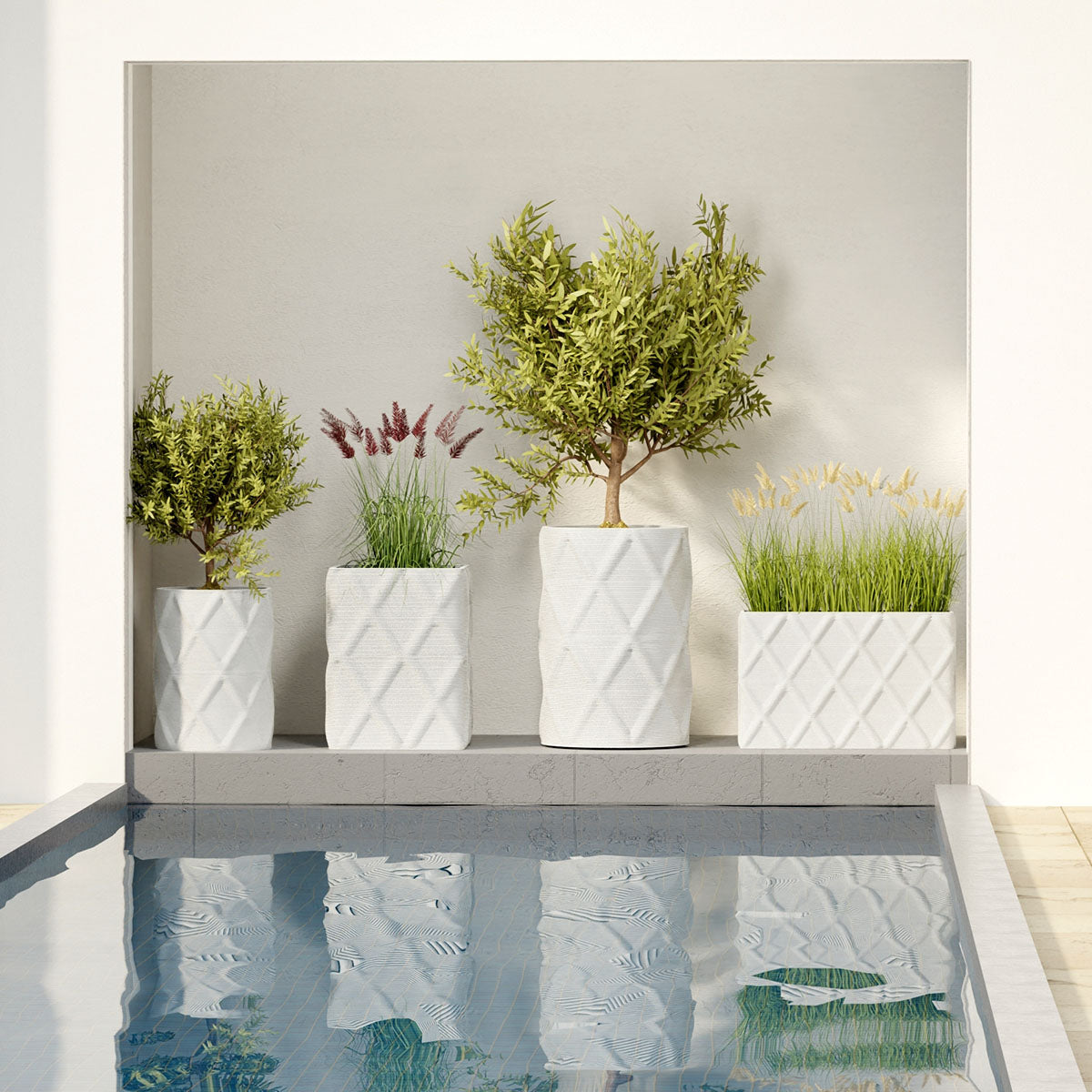 Solana Round Planter Set - Diamond 1 - Close-up - sculptural round planter set of four with faceted diamond relief texture, 3D printed concrete, modern artistic design