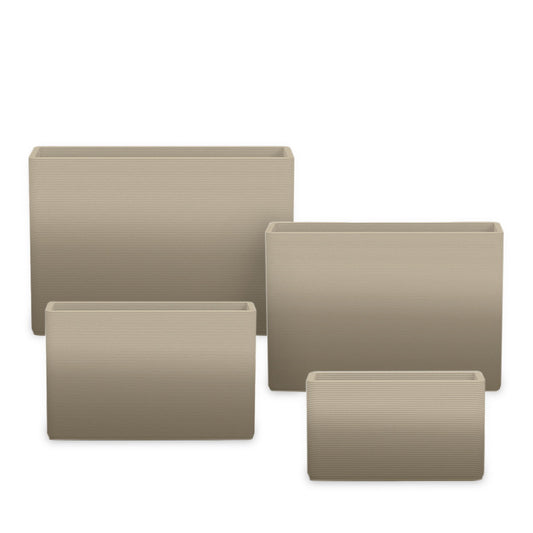 Avila Rectangular Planter Set - Stacks - Savanna Clay OMB1 - rectangular planter set of four sizes with fine horizontal ribbed texture, 3D printed concrete, modern minimal design