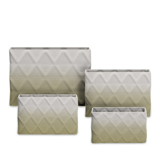 Avila Rectangular Planter Set - Diamond 1 - Golden Olive OMB2 - sculptural rectangular planter set of four sizes with faceted diamond relief texture, 3D printed concrete, modern artistic design
