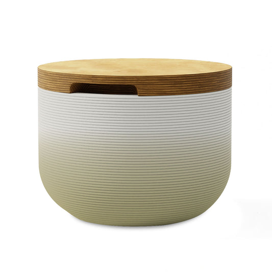 Bolina Side Table/Stool - Golden Olive-Teak - round side table with fine horizontal ribbed concrete base and smooth wood top, modern sculptural design