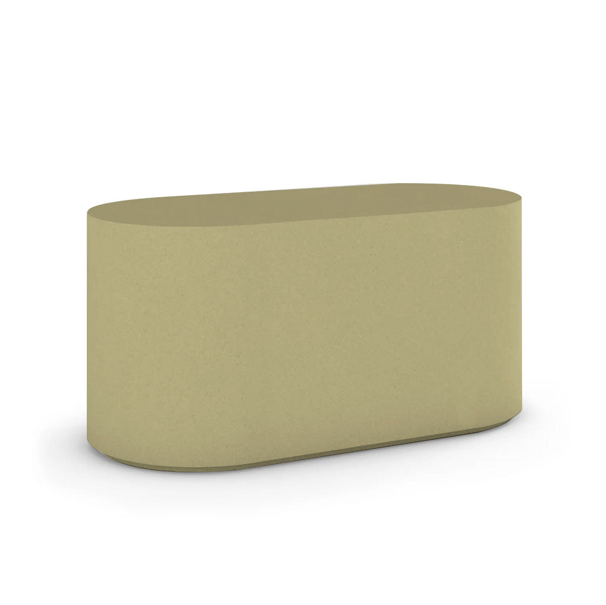 Angled view of the Capitola Oval Concrete Table, cast in lightweight GFRC with smooth curves and refined detailing, shown here in the Golden Olive finish.