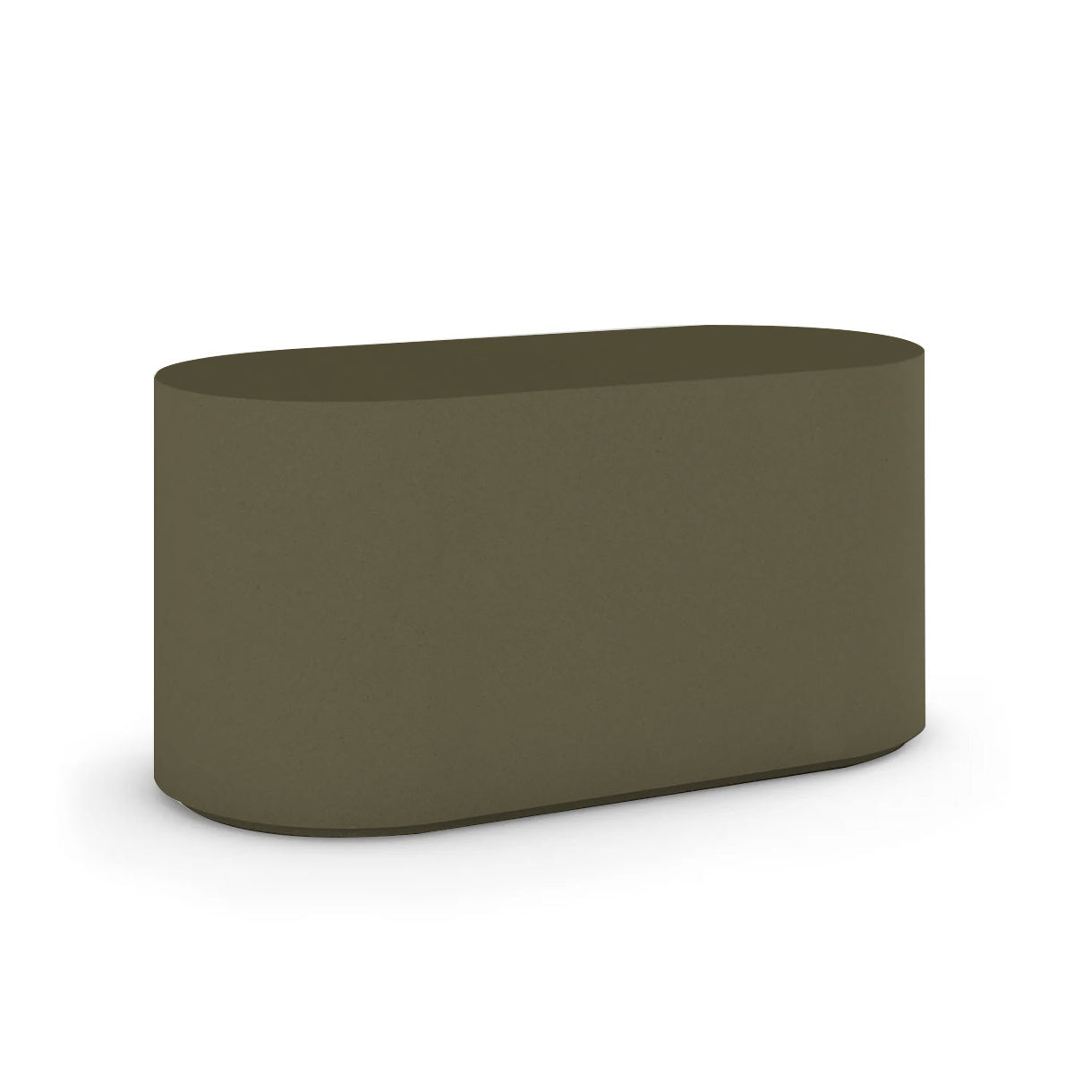 Angled view of the Capitola Oval Concrete Table, cast in lightweight GFRC with smooth curves and refined detailing, shown here in the Mossy Glen finish.