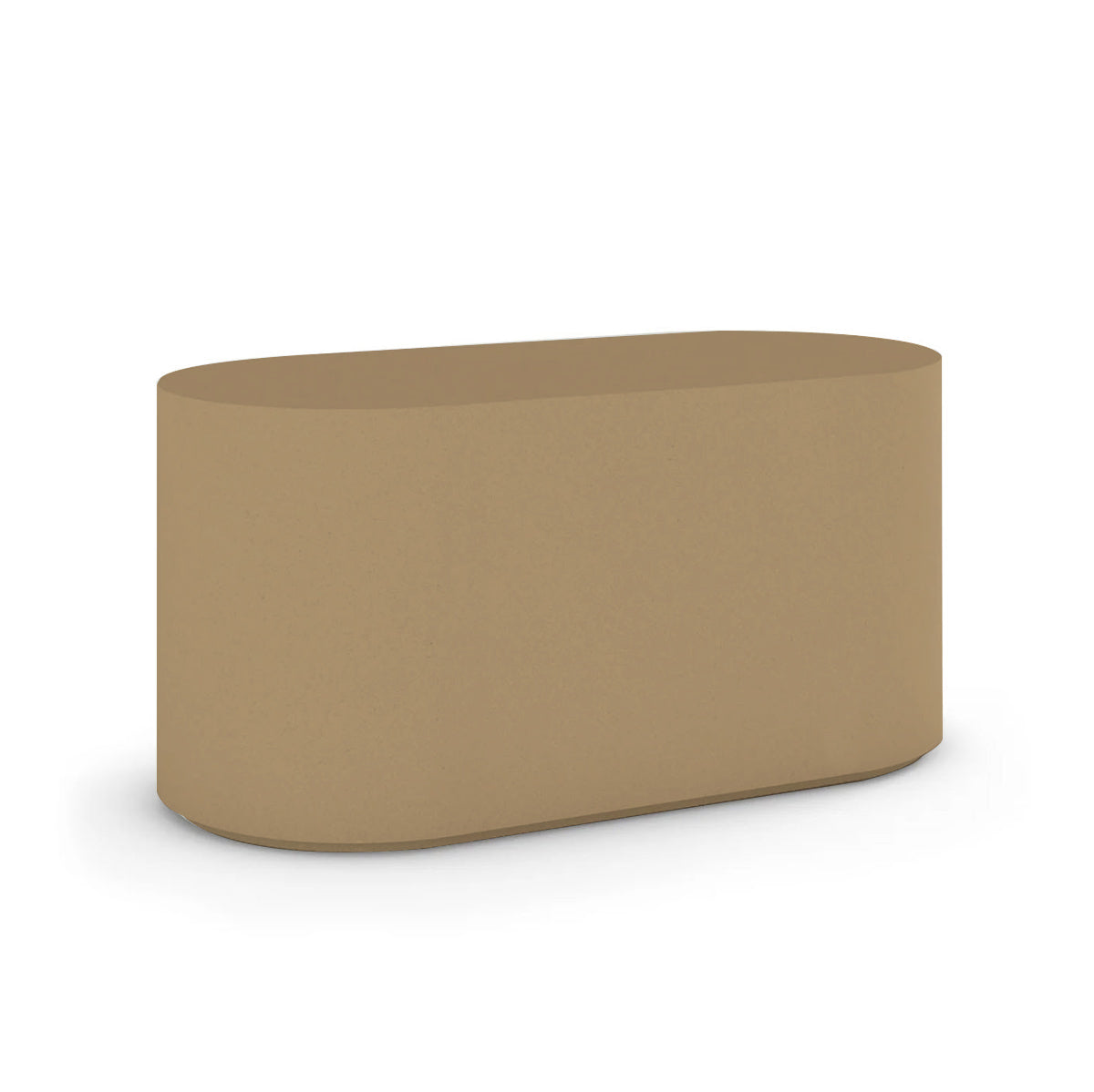 Angled view of the Capitola Oval Concrete Table, cast in lightweight GFRC with smooth curves and refined detailing, shown here in the Toasted Almond finish.