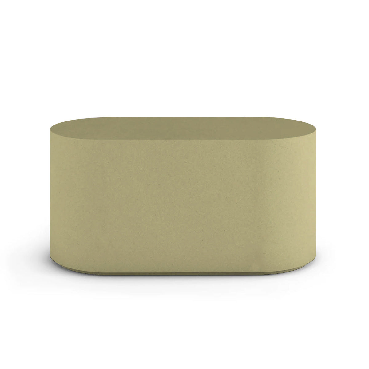 Side profile of the Capitola Oval Concrete Table, highlighting the seamless GFRC construction and soft oval shape, shown in the Golden Olive finish.