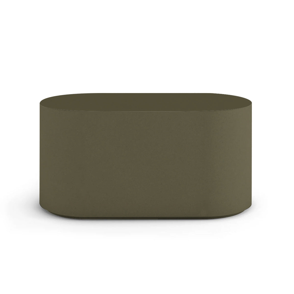 Side profile of the Capitola Oval Concrete Table, highlighting the seamless GFRC construction and soft oval shape, shown in the Mossy Glen finish.