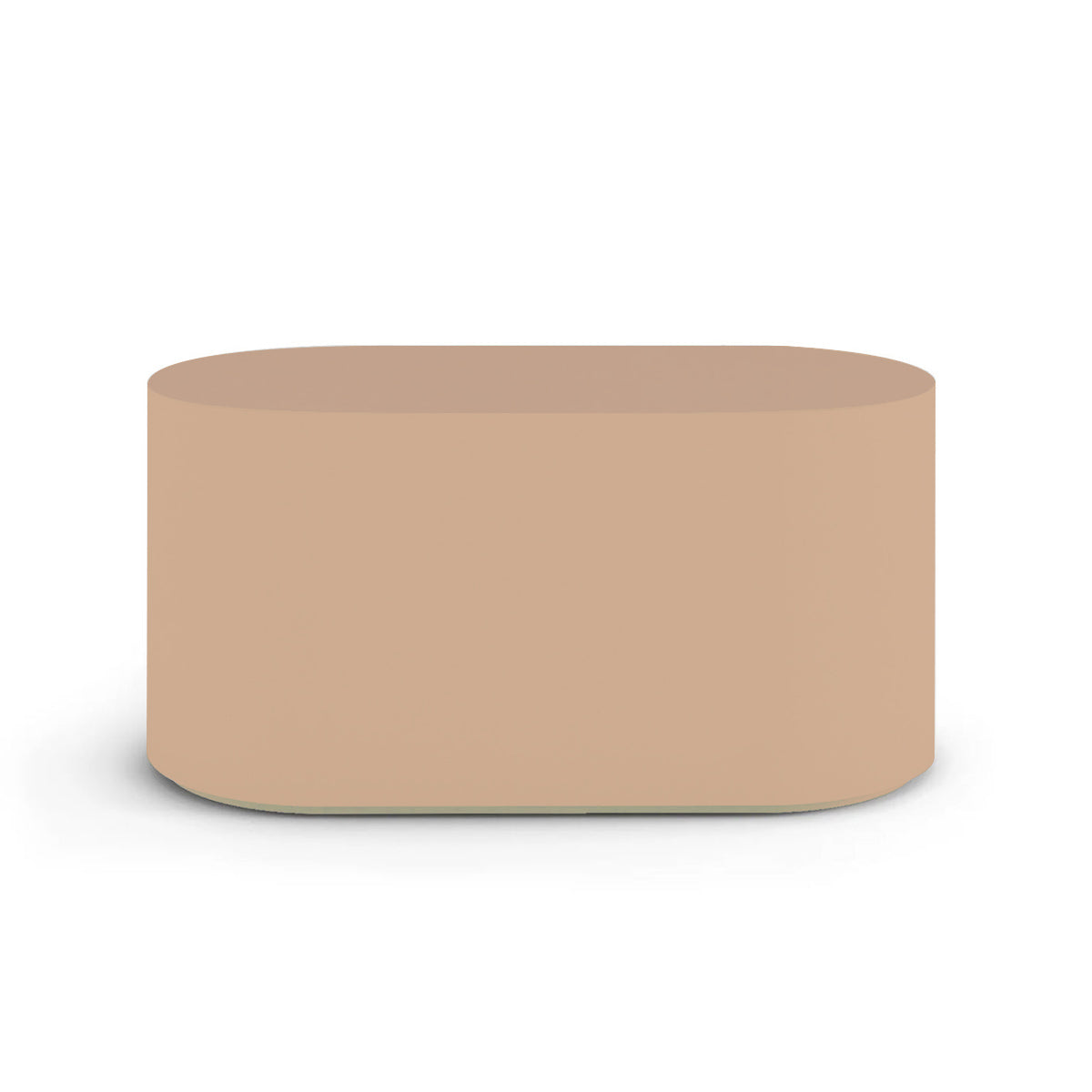 Side profile of the Capitola Oval Concrete Table, highlighting the seamless GFRC construction and soft oval shape, shown in the Sandy Bluff finish.