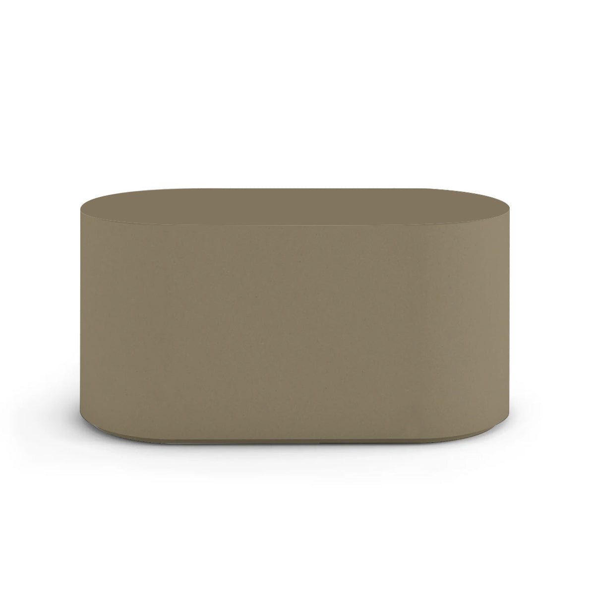 Side profile of the Capitola Oval Concrete Table, highlighting the seamless GFRC construction and soft oval shape, shown in the Savanna Clay finish.