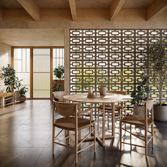 Carmel Breeze Blocks by Mobius Concrete, hyper-pressed concrete masonry units in an interlocking geometric pattern, shown in both product and installation views.