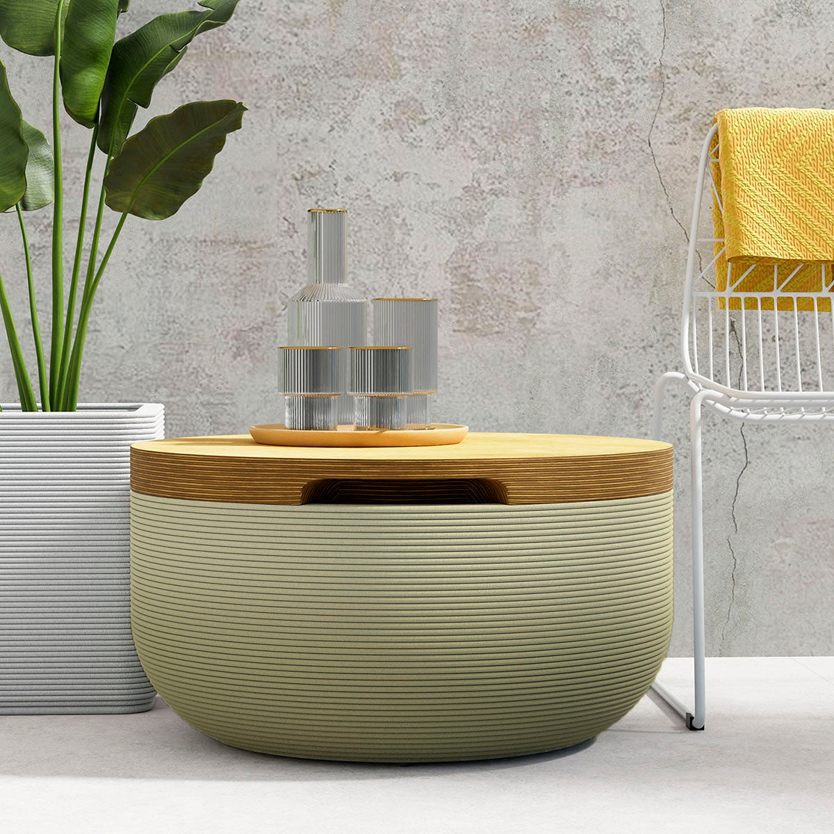 Faria Side Table/Stool - Golden Olive OMB1-Europly - round side table with fine horizontal ribbed concrete base and smooth wood top, modern sculptural design