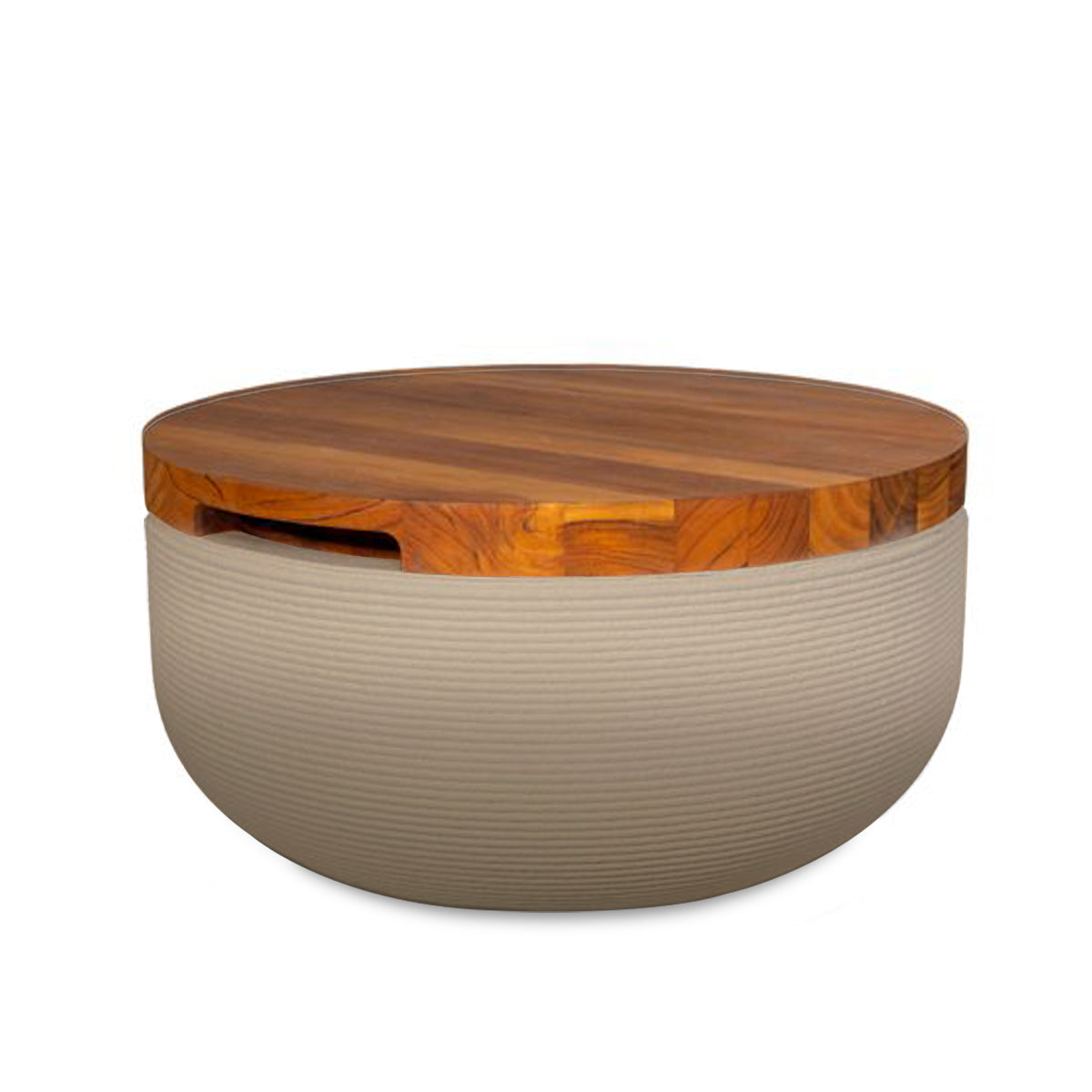 Faria Side Table/Stool - Savanna Clay OMB1-Teak - round side table with fine horizontal ribbed concrete base and smooth wood top, modern sculptural design