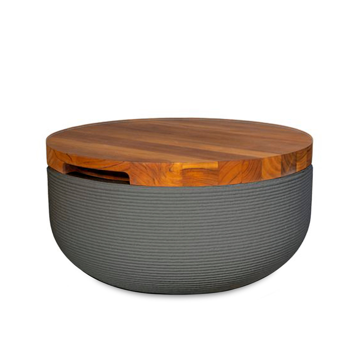 Faria Side Table/Stool - Silver Mist-Teak - round side table with fine horizontal ribbed concrete base and smooth wood top, modern sculptural design
