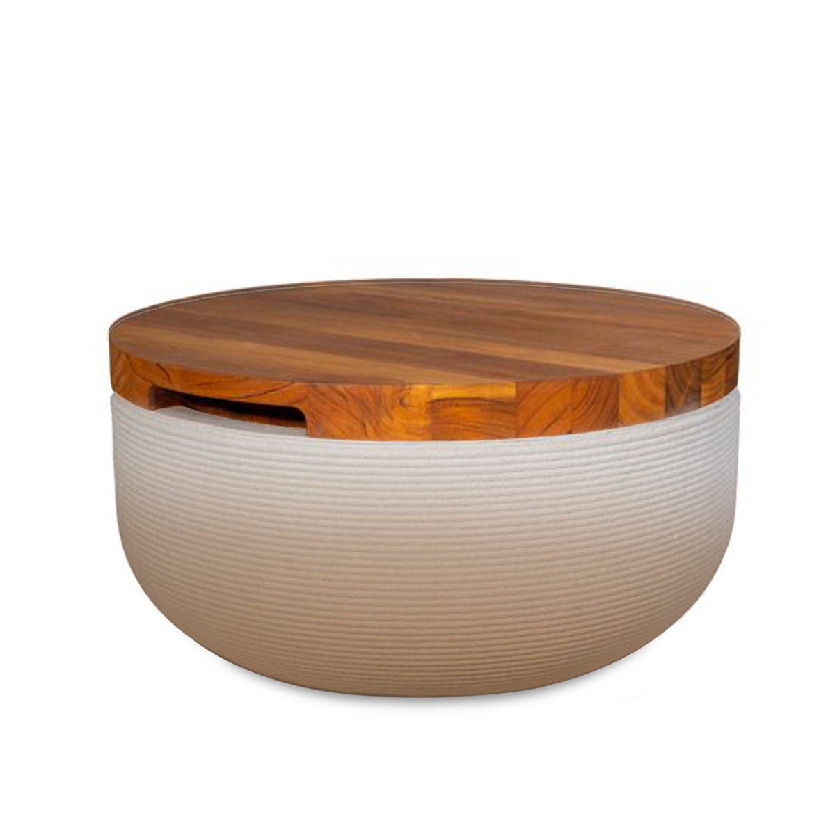 Faria Side Table/Stool - Toasted Almond OMB2-Teak - round side table with fine horizontal ribbed concrete base and smooth wood top, modern sculptural design
