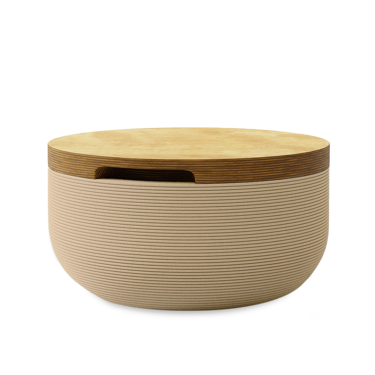 Faria Side Table/Stool - Desert Dawn-Europly - round side table with fine horizontal ribbed concrete base and smooth wood top, modern sculptural design