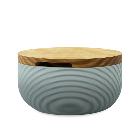 Faria Side Table/Stool - Seafoam Slate OMB1-Europly - round side table with fine horizontal ribbed concrete base and smooth wood top, modern sculptural design