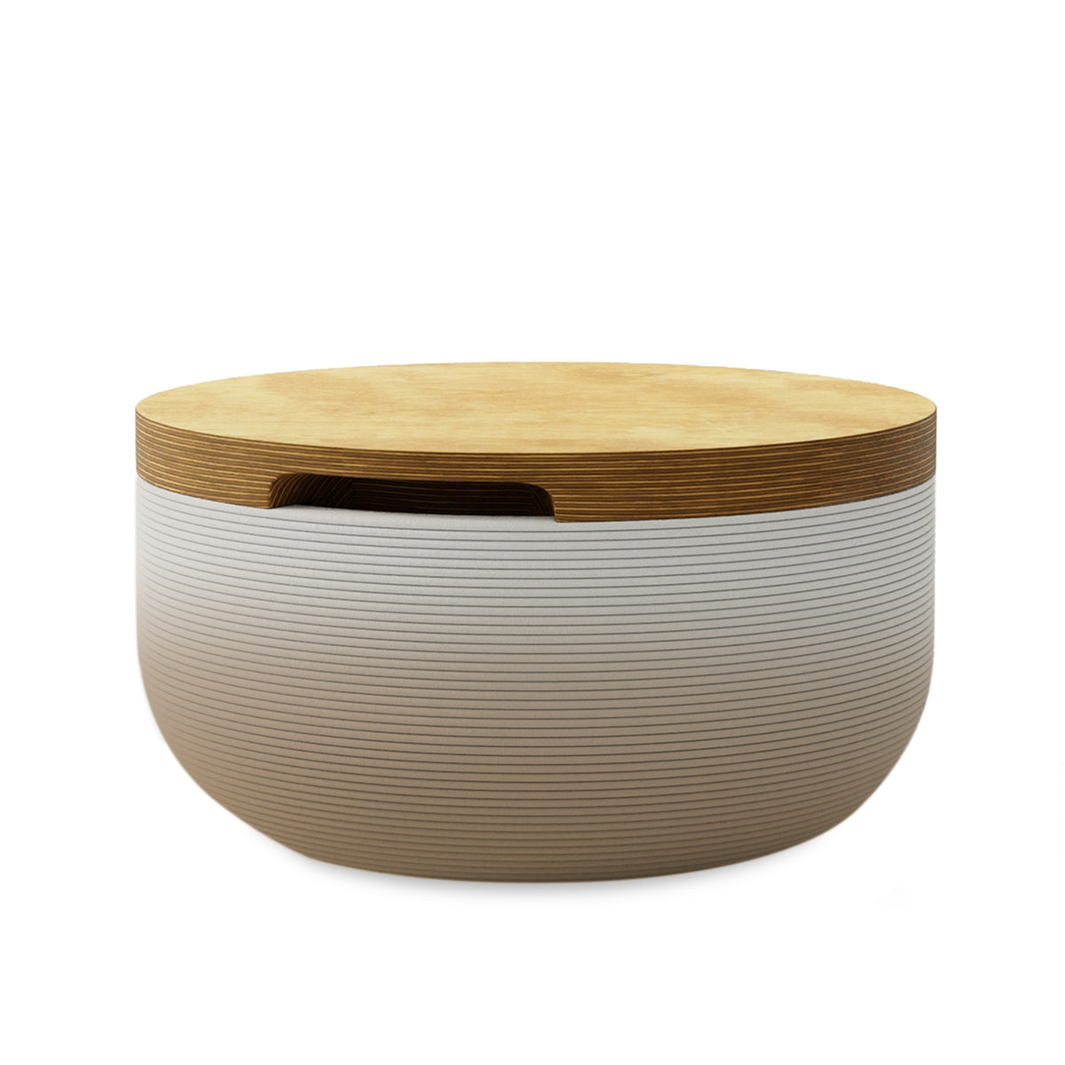 Faria Side Table/Stool - Toasted Almond OMB2-Europly - round side table with fine horizontal ribbed concrete base and smooth wood top, modern sculptural design