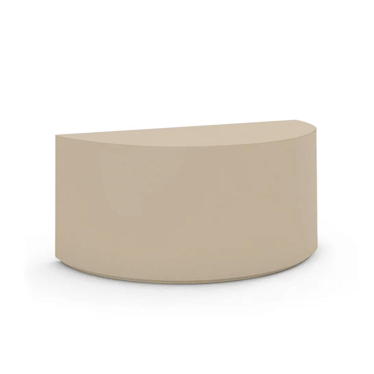 An angled view of the Half Moon Concrete Table highlights the seamless GFRC construction and soft semicircular shape shown in the Desert Dawn finish.