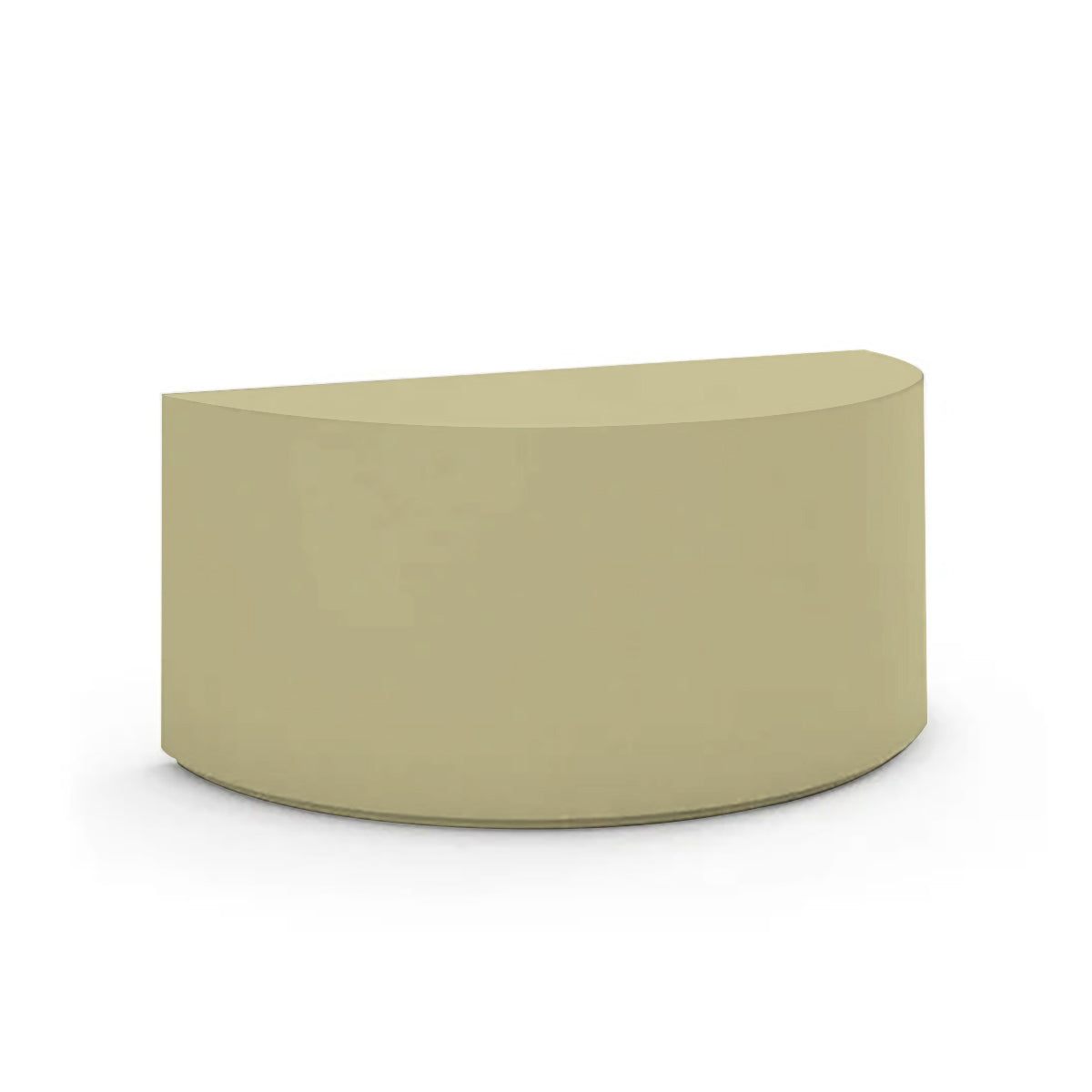 An angled view of the Half Moon Concrete Table highlights the seamless GFRC construction and soft semicircular shape shown in the Golden Olive finish.