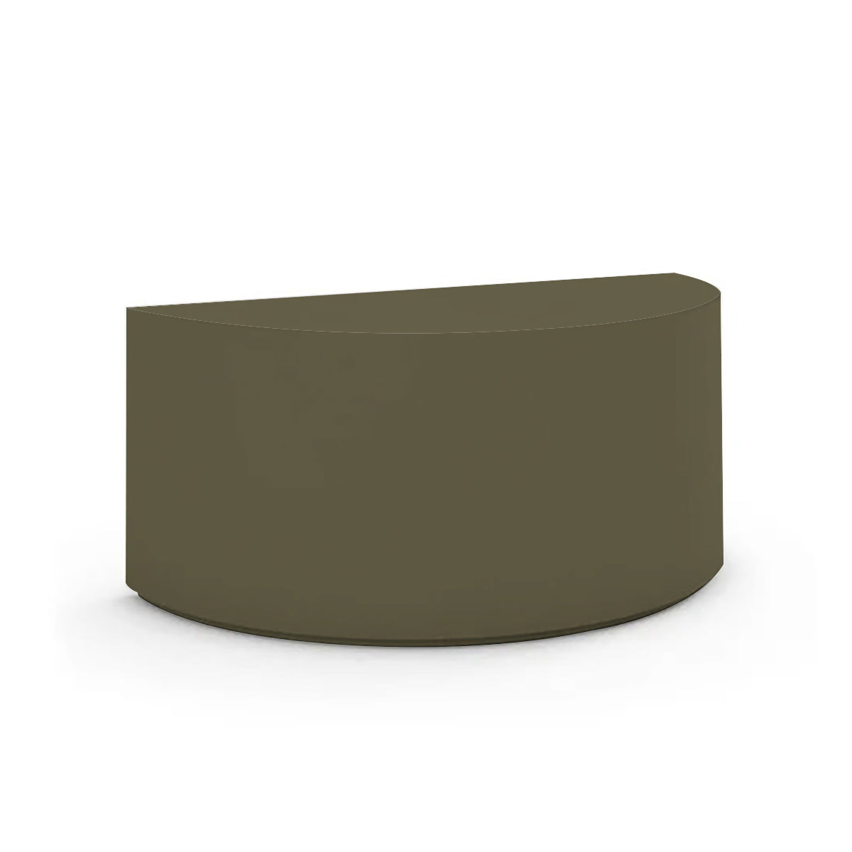 An angled view of the Half Moon Concrete Table highlights the seamless GFRC construction and soft semicircular shape shown in the Mossy Glen finish.