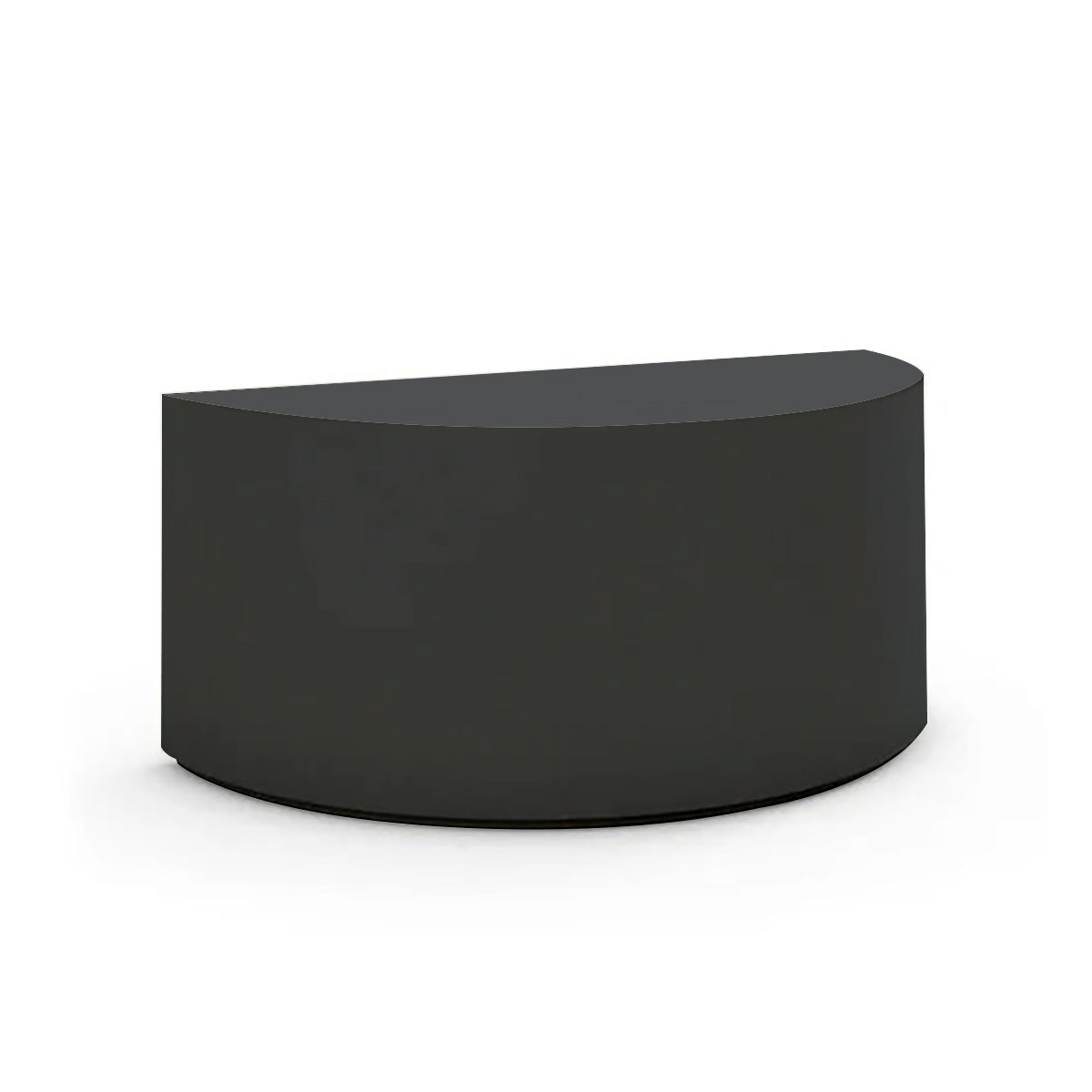 An angled view of the Half Moon Concrete Table highlights the seamless GFRC construction and soft semicircular shape shown in the Obsidian Night finish.