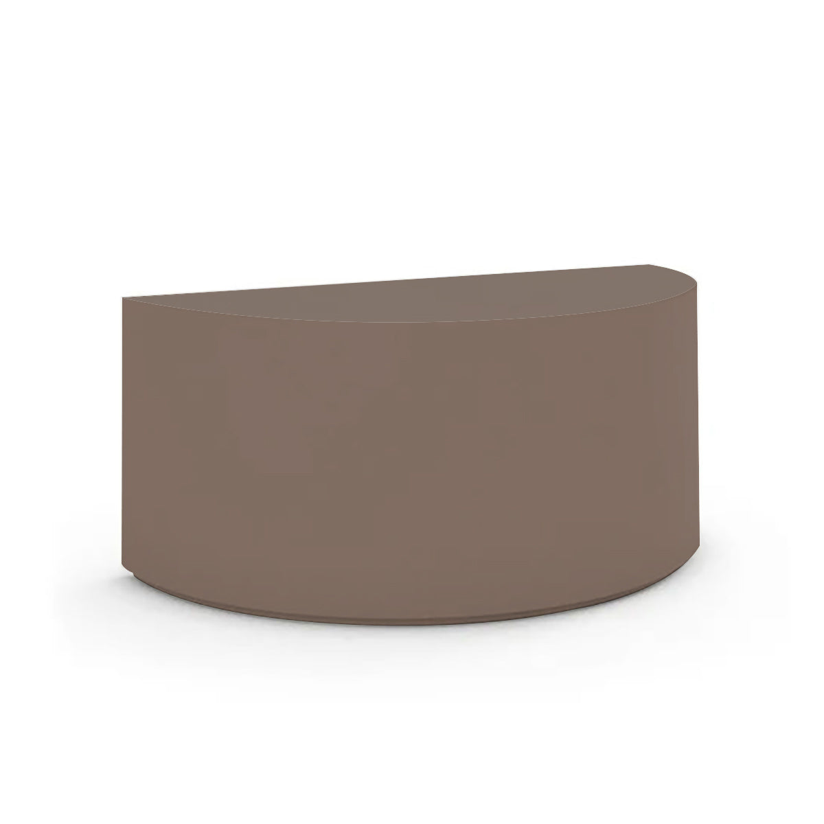 An angled view of the Half Moon Concrete Table highlights the seamless GFRC construction and soft semicircular shape shown in the Riverbed Earth finish.