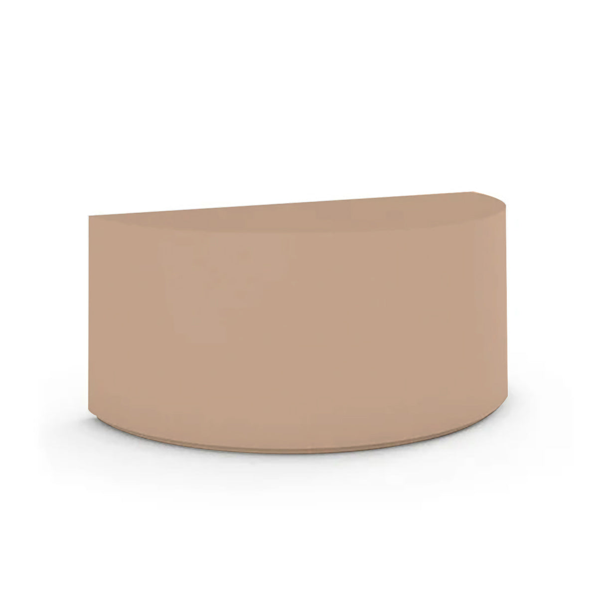 An angled view of the Half Moon Concrete Table highlights the seamless GFRC construction and soft semicircular shape shown in the Sandy Bluff finish.