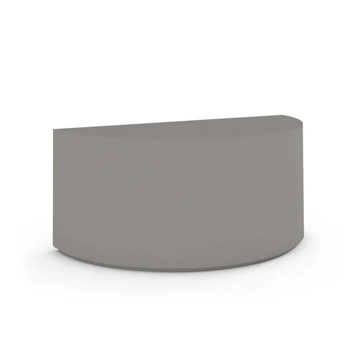 An angled view of the Half Moon Concrete Table highlights the seamless GFRC construction and soft semicircular shape shown in the Silver Mist finish.
