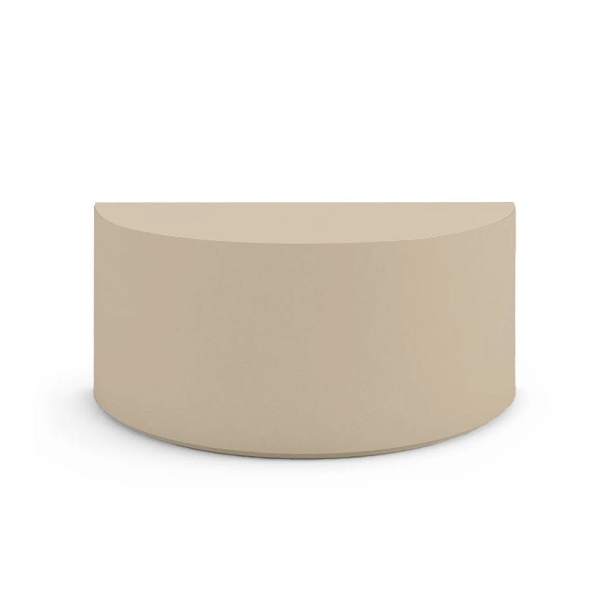 Side profile of the Half Moon Concrete Table, highlighting the seamless GFRC construction and soft Semicircular shape, shown in the Desert Dawn finish.