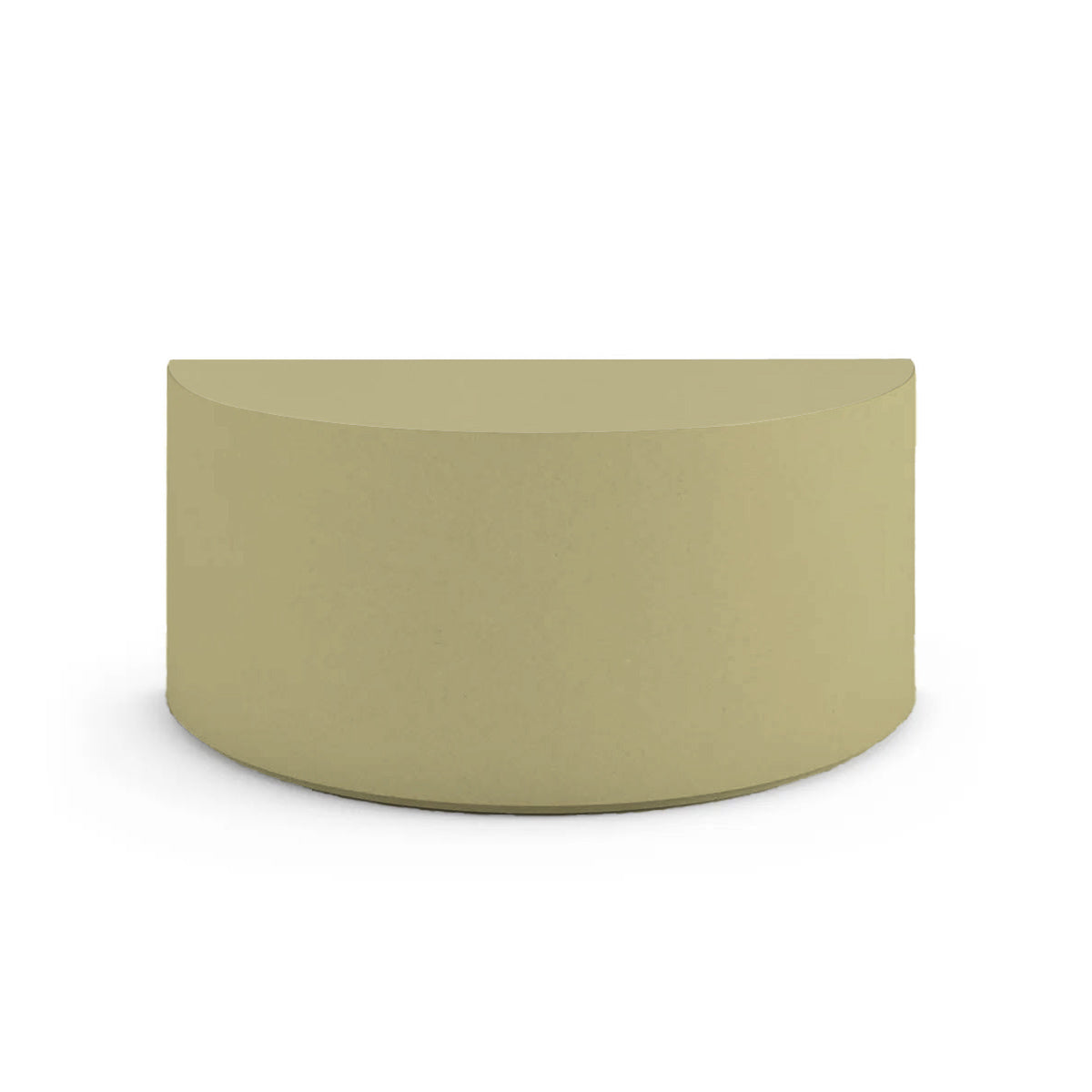 Side profile of the Half Moon Concrete Table, highlighting the seamless GFRC construction and soft Semicircular shape, shown in the Golden Olive finish.