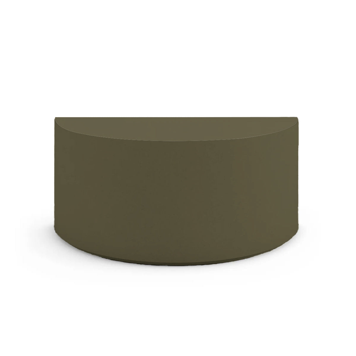Side profile of the Half Moon Concrete Table, highlighting the seamless GFRC construction and soft Semicircular shape, shown in the Mossy Glen finish.