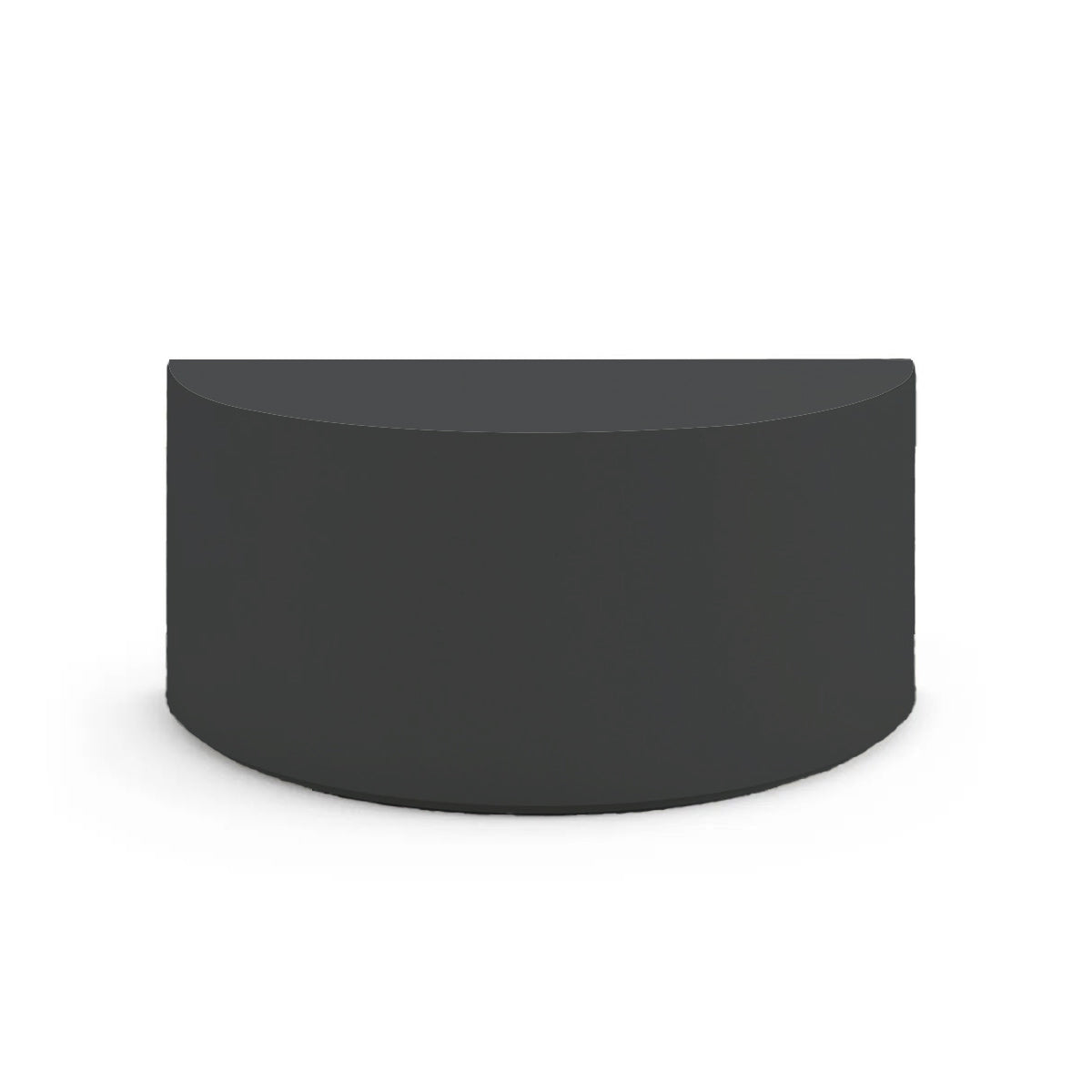 Side profile of the Half Moon Concrete Table, highlighting the seamless GFRC construction and soft Semicircular shape, shown in the Obsidian Night finish.