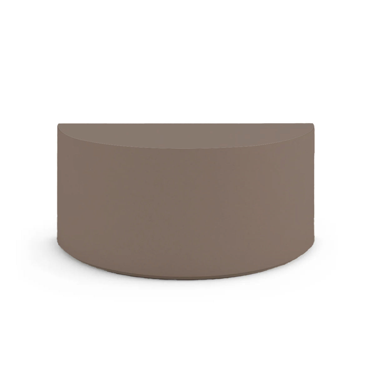 Side profile of the Half Moon Concrete Table, highlighting the seamless GFRC construction and soft Semicircular shape, shown in the Riverbed Earth finish.