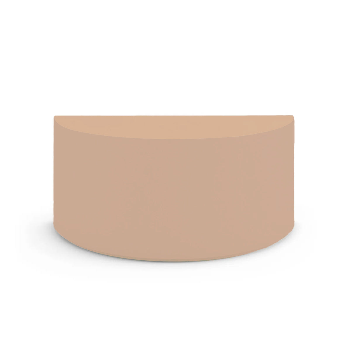 Side profile of the Half Moon Concrete Table, highlighting the seamless GFRC construction and soft Semicircular shape, shown in the Sandy Bluff finish.