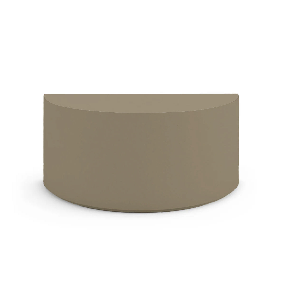 Side profile of the Half Moon Concrete Table, highlighting the seamless GFRC construction and soft Semicircular shape, shown in the Savanna Clay finish.