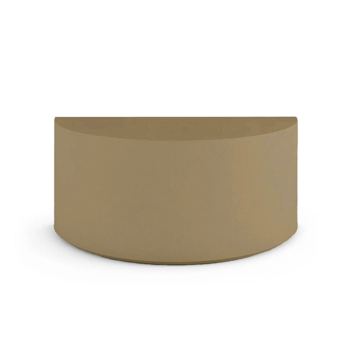 Side profile of the Half Moon Concrete Table, highlighting the seamless GFRC construction and soft Semicircular shape, shown in the Toasted Almond finish.