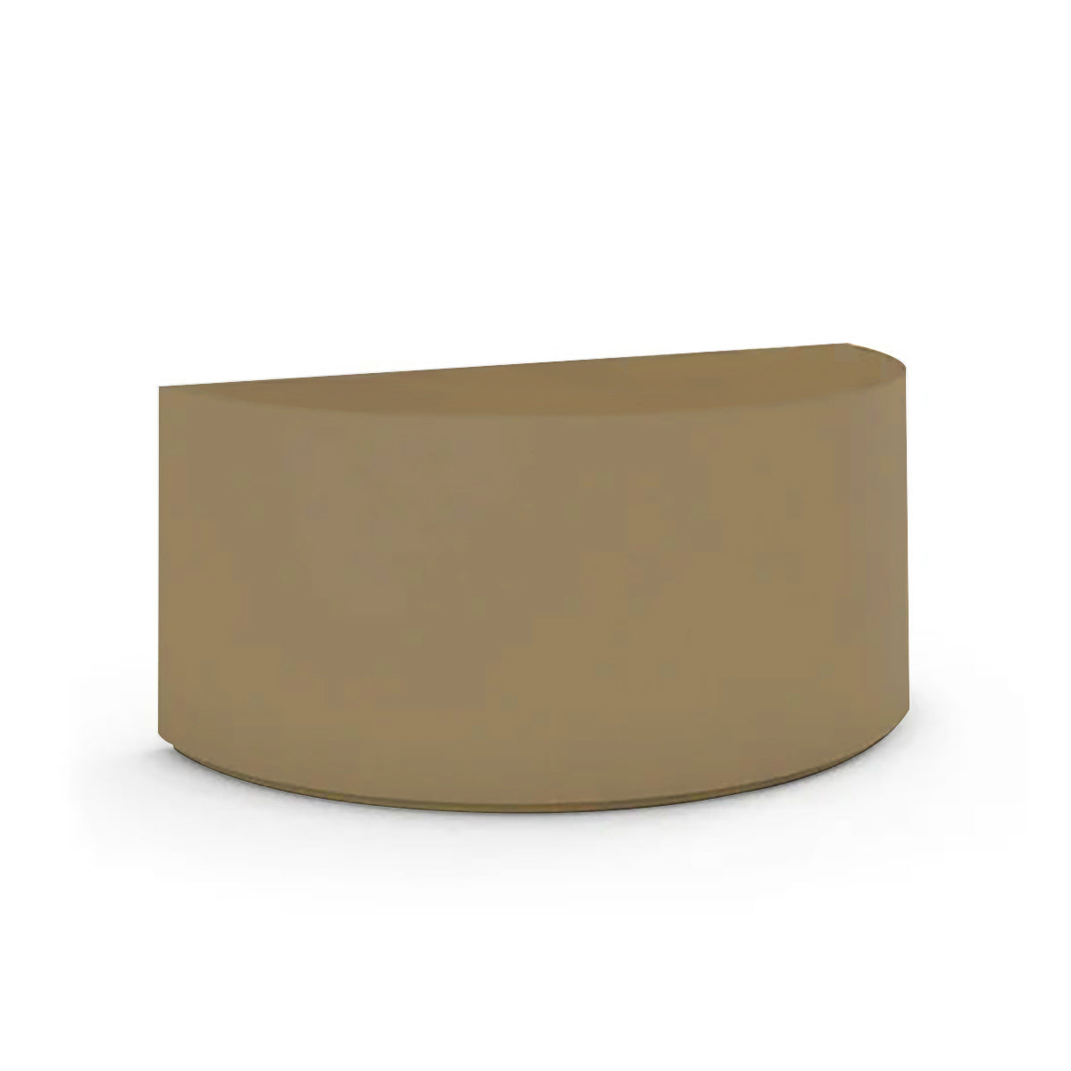An angled view of the Half Moon Concrete Table highlights the seamless GFRC construction and soft semicircular shape shown in the Toasted Almond finish.