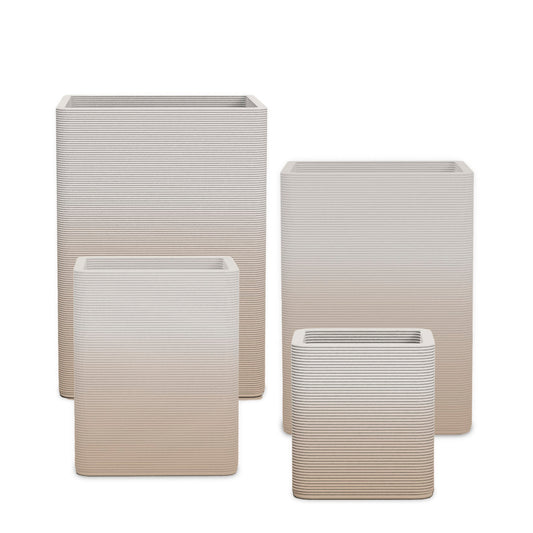 Montara Square Planter Set - Stacks - Desert Dawn OMB2 - sculptural square planter set of four sizes with fine horizontal ribbed texture, 3D printed concrete, modern artistic design