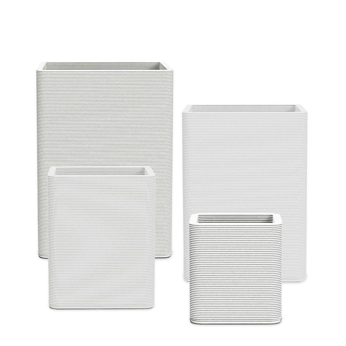 Montara Square Planter Set - Stacks - Glacial Mist - sculptural square planter set of four sizes with fine horizontal ribbed texture, 3D printed concrete, modern artistic design