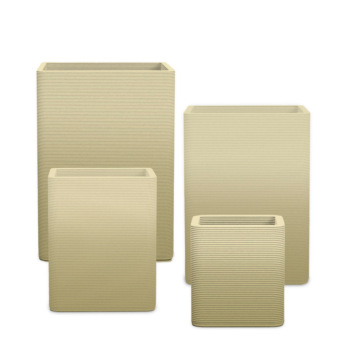 Montara Square Planter Set - Stacks - Golden Olive OMB1 - sculptural square planter set of four sizes with fine horizontal ribbed texture, 3D printed concrete, modern artistic design
