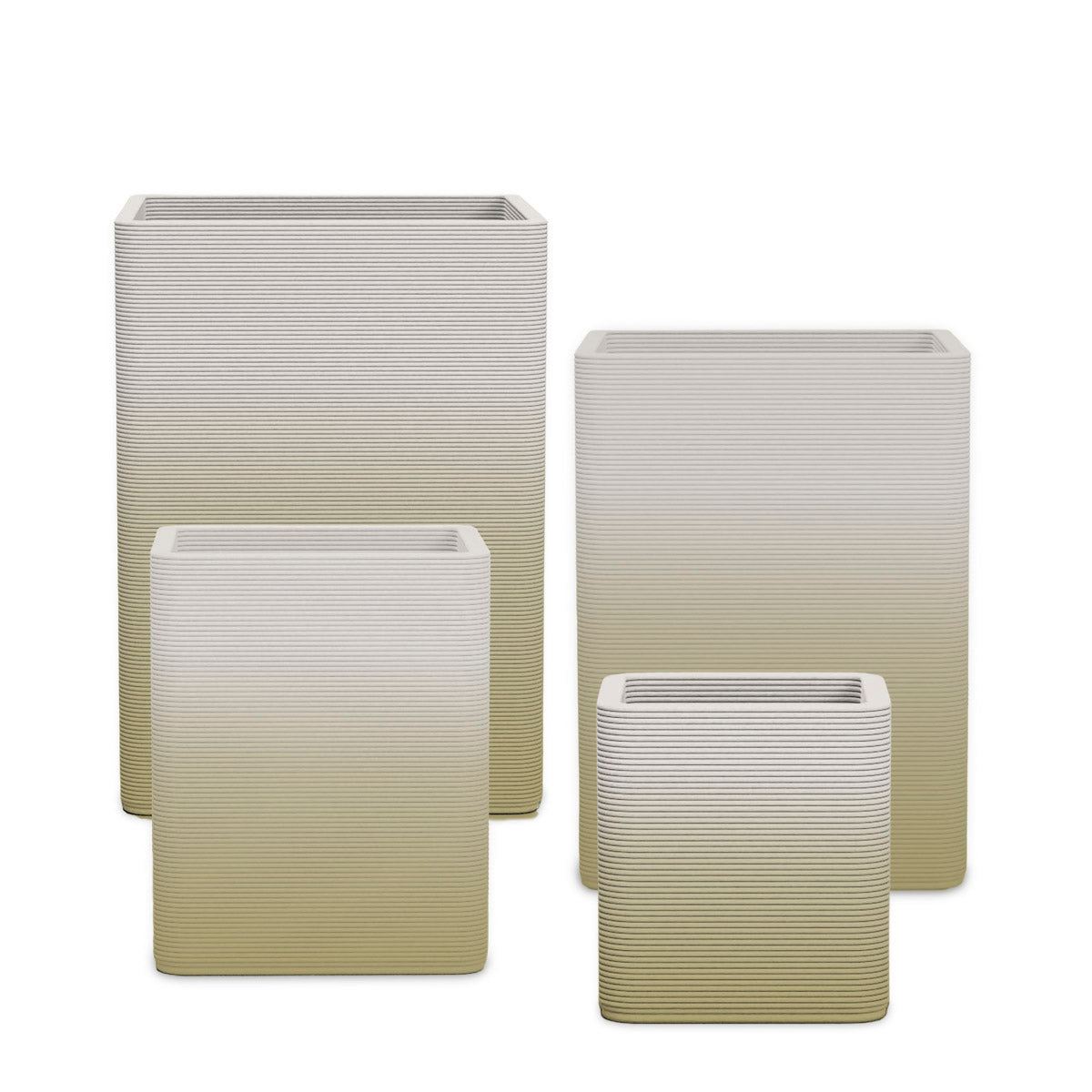 Montara Square Planter Set - Stacks - Golden Olive OMB2 - sculptural square planter set of four sizes with fine horizontal ribbed texture, 3D printed concrete, modern artistic design