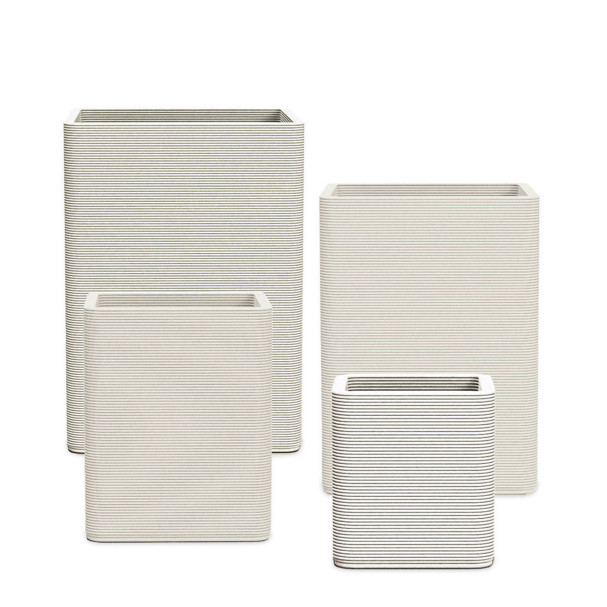 Montara Square Planter Set - Stacks - Limestone Veil - sculptural square planter set of four sizes with fine horizontal ribbed texture, 3D printed concrete, modern artistic design