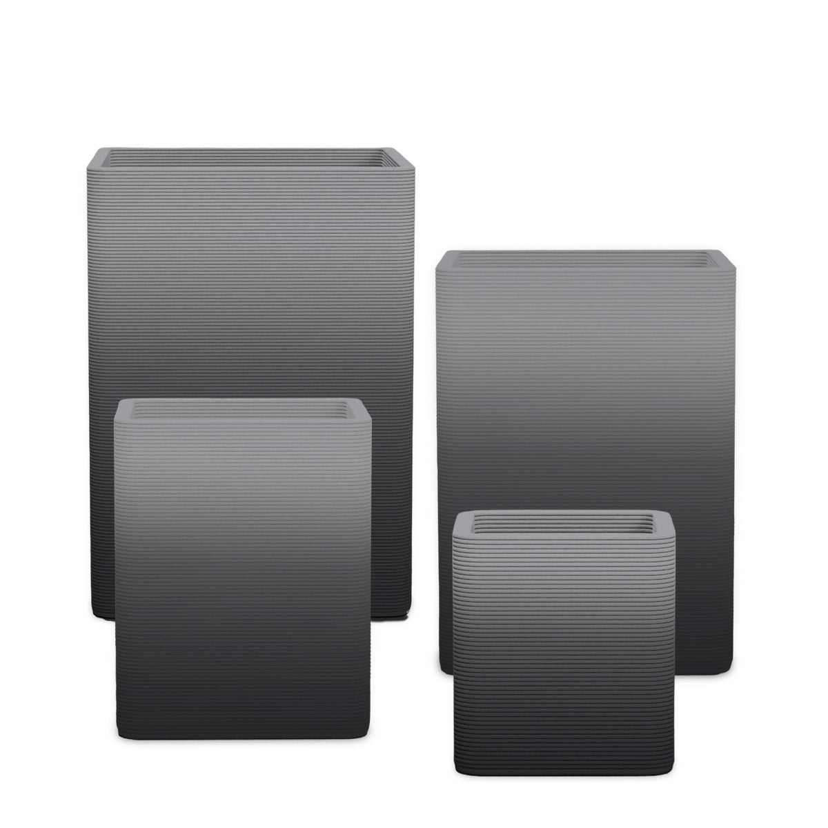 Montara Square Planter Set - Stacks - Obsidian Night OMB1 - sculptural square planter set of four sizes with fine horizontal ribbed texture, 3D printed concrete, modern artistic design