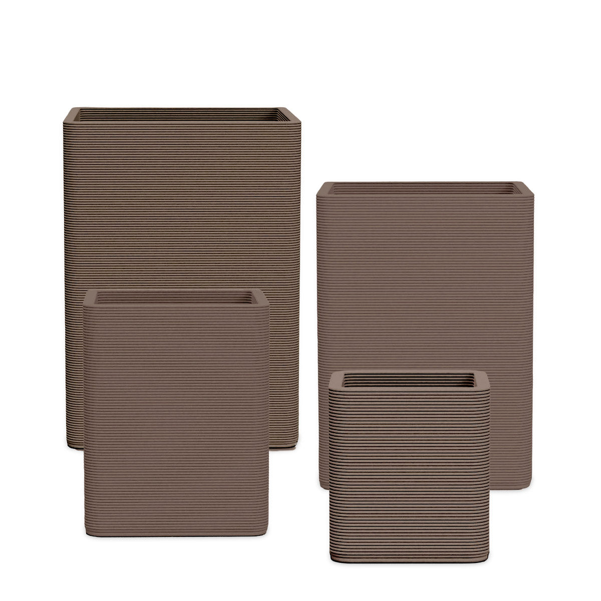 Montara Square Planter Set - Stacks - Riverbed Earth - sculptural square planter set of four sizes with fine horizontal ribbed texture, 3D printed concrete, modern artistic design