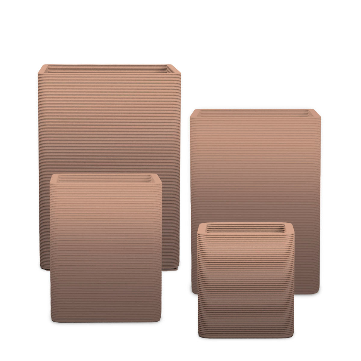 Montara Square Planter Set - Stacks - Riverbed Earth OMB1 - sculptural square planter set of four sizes with fine horizontal ribbed texture, 3D printed concrete, modern artistic design