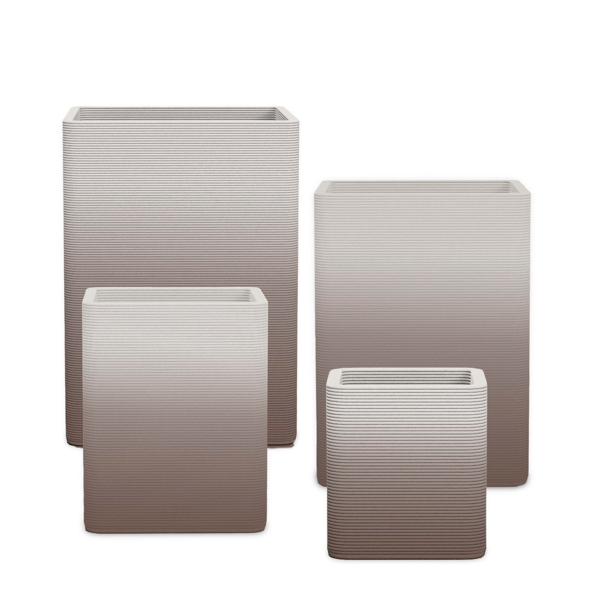 Montara Square Planter Set - Stacks - Riverbed Earth OMB2 - sculptural square planter set of four sizes with fine horizontal ribbed texture, 3D printed concrete, modern artistic design