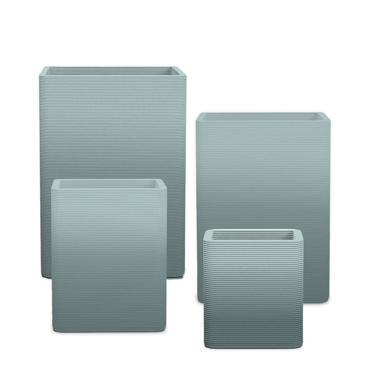 Montara Square Planter Set - Stacks - Seafoam Slate OMB1 - sculptural square planter set of four sizes with fine horizontal ribbed texture, 3D printed concrete, modern artistic design