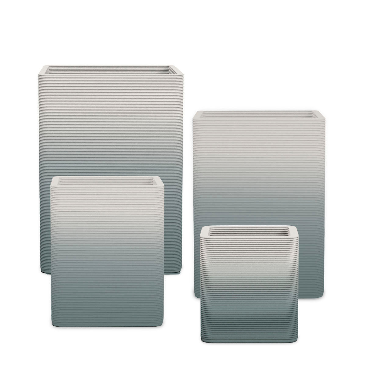 Montara Square Planter Set - Stacks - Seafoam Slate OMB2 - sculptural square planter set of four sizes with fine horizontal ribbed texture, 3D printed concrete, modern artistic design