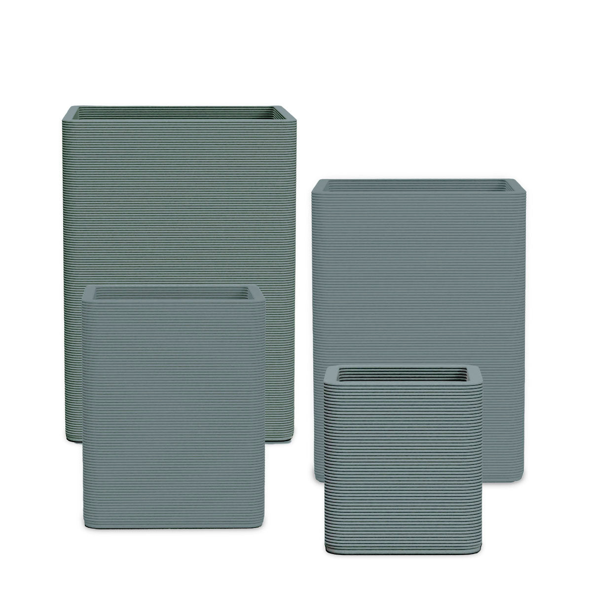 Montara Square Planter Set - Stacks - Seafoam Slate - sculptural square planter set of four sizes with fine horizontal ribbed texture, 3D printed concrete, modern artistic design