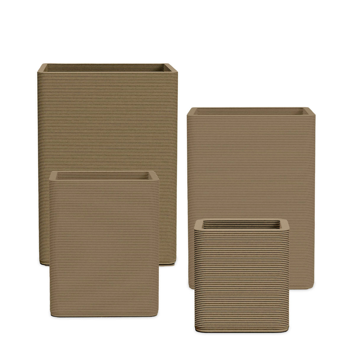 Montara Square Planter Set - Stacks - Savanna Clay - sculptural square planter set of four sizes with fine horizontal ribbed texture, 3D printed concrete, modern artistic design